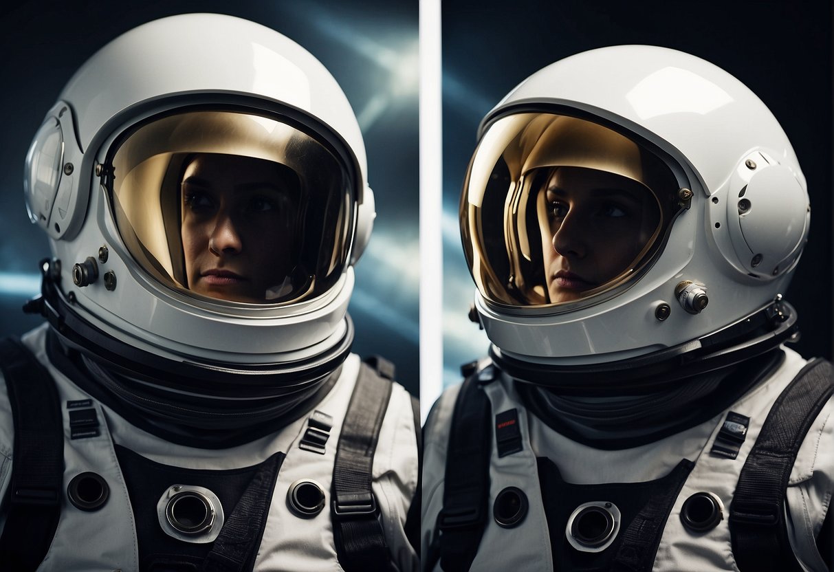 Two astronaut helmets, sleek and futuristic, provide both protection and visibility for the wearer in the harsh environment of space
