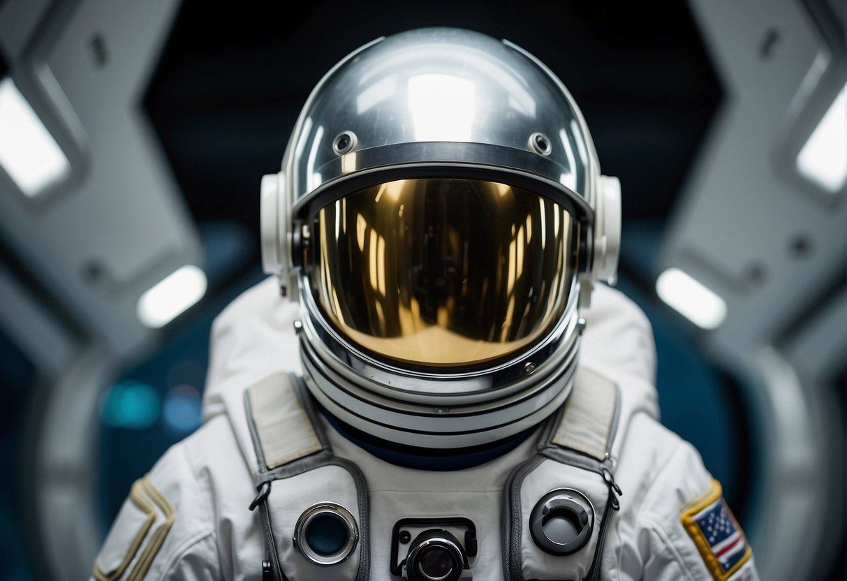 An astronaut helmet with a wide, transparent visor, allowing for maximum visibility while still providing protection. The helmet is sleek and futuristic, with adjustable features for a custom fit