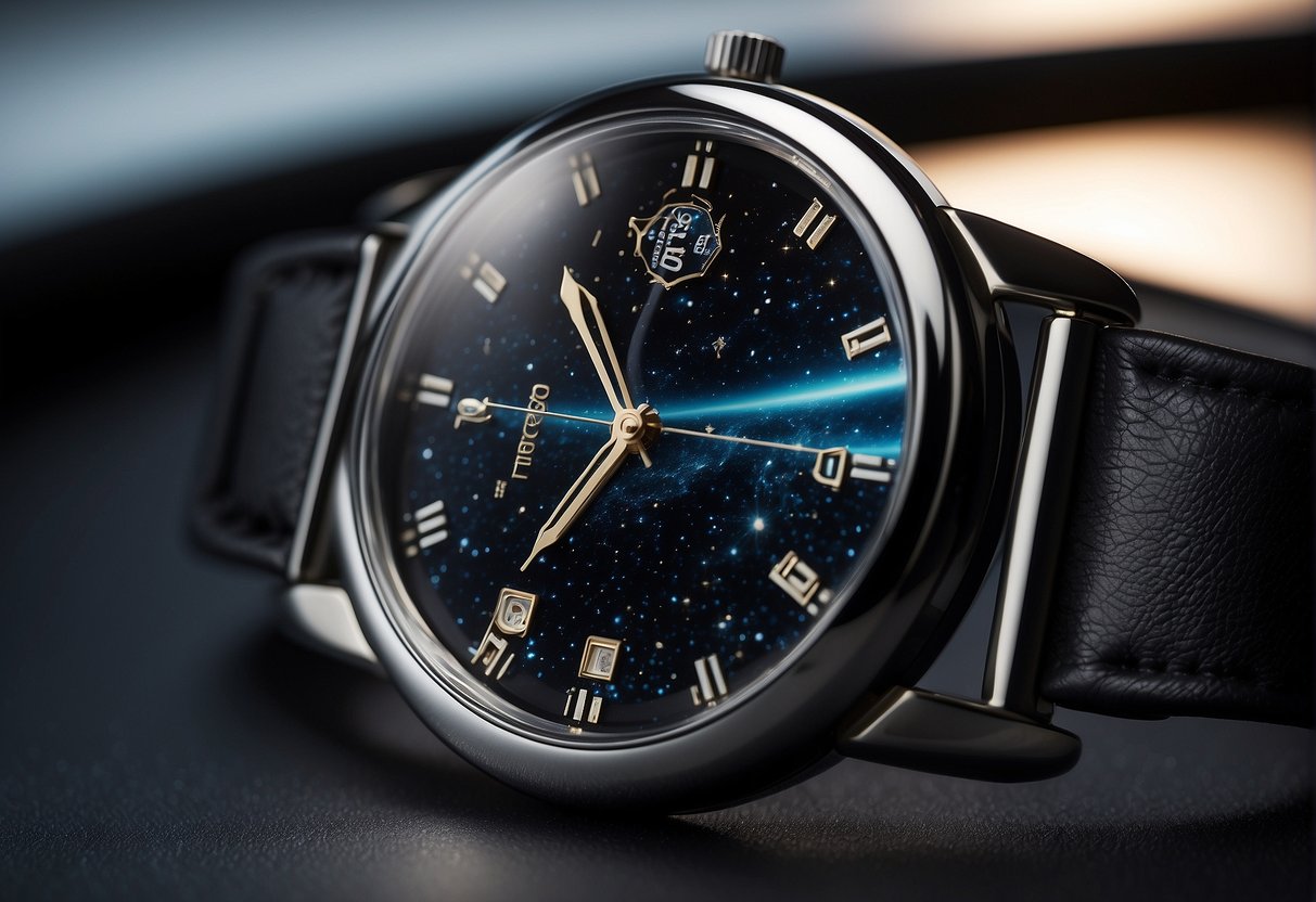 A sleek, futuristic space watch floats gracefully in zero gravity, its metallic surface reflecting the soft glow of distant stars. The design is sleek and minimalist, with durable materials ensuring functionality in the harsh environment of space