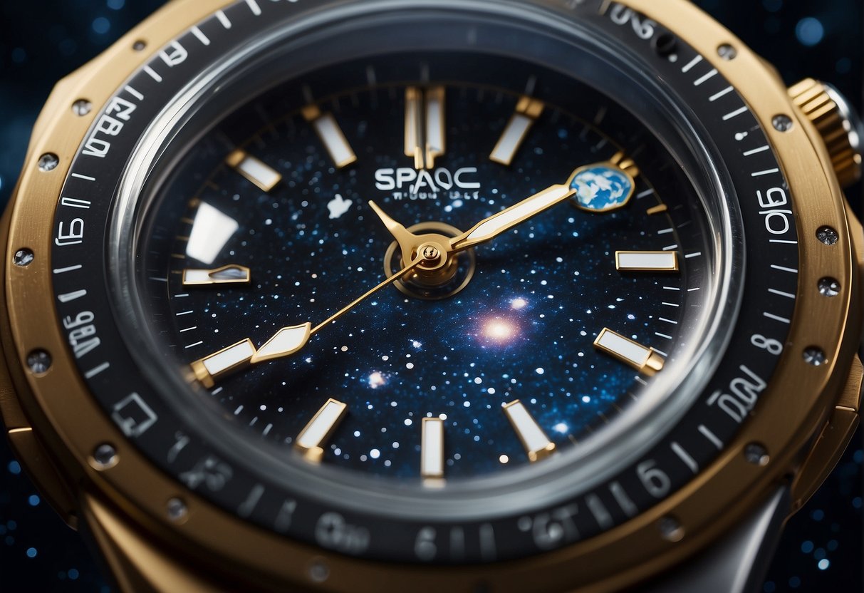 A space watch floats in zero gravity, its hands ticking steadily against a backdrop of stars and swirling galaxies. The watch is surrounded by various navigation tools and equipment, emphasizing the importance of precise timekeeping in space