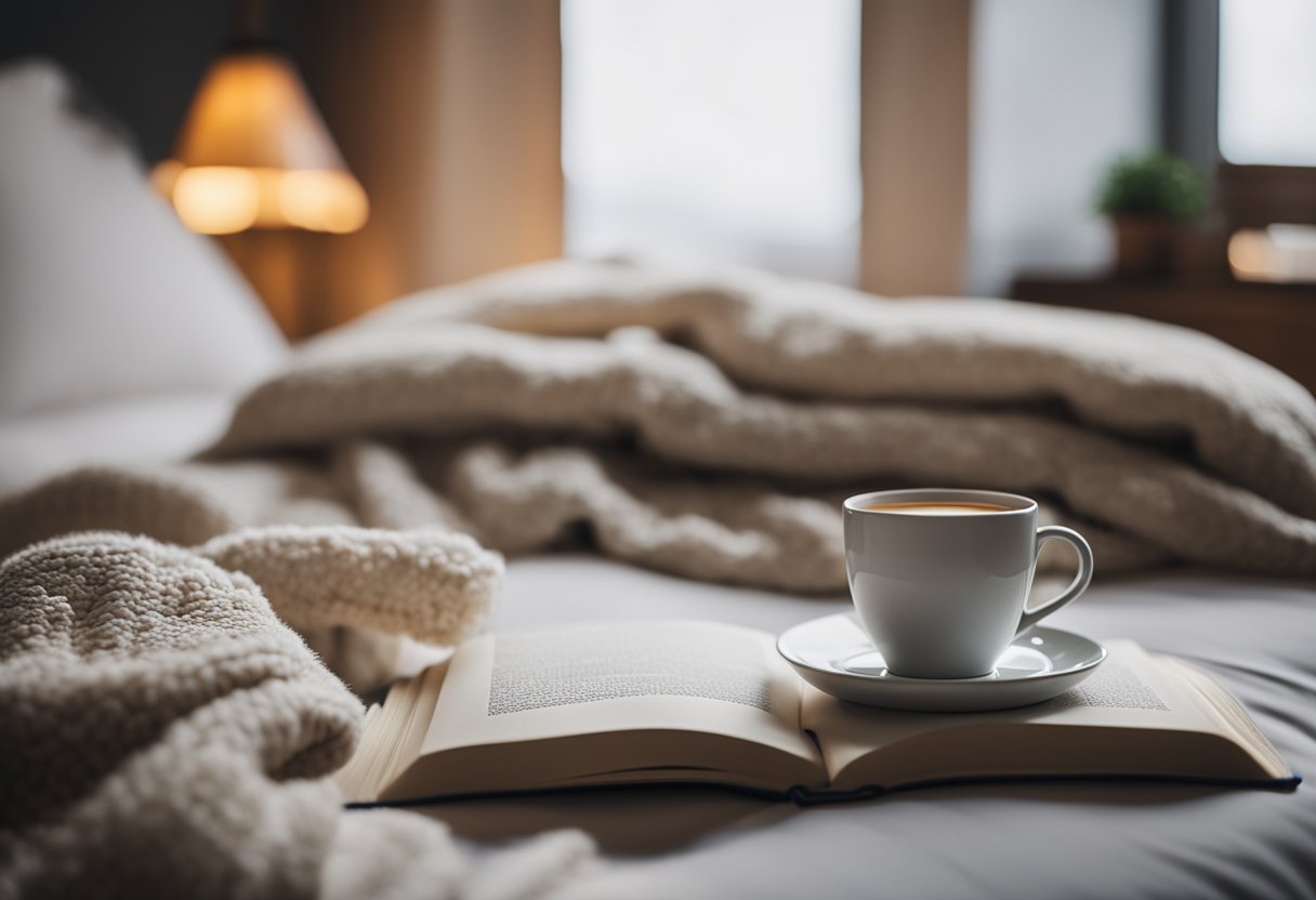 A cozy bed with a book and a cup of tea, surrounded by soft pillows and warm blankets, with a peaceful and serene atmosphere