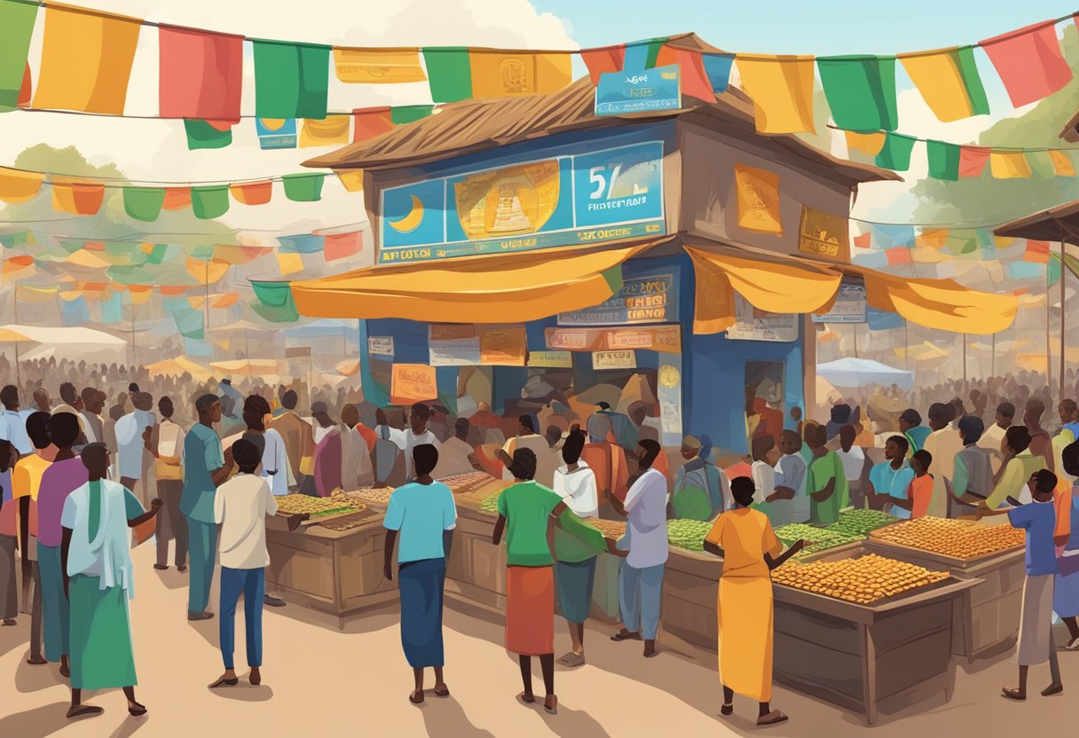 A bustling Ethiopian marketplace with colorful banners advertising betting sites. People gather around small kiosks, placing their bets and cheering for their favorite teams
