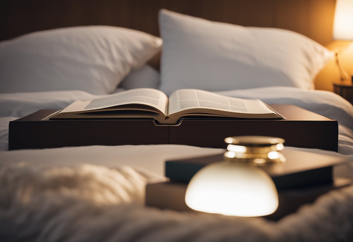 A cozy bed with a neatly folded blanket, a pile of fluffy pillows, and a dimly lit bedside lamp. A book or journal sits on the nightstand, hinting at the leisurely pastime of reading before drifting off to sleep