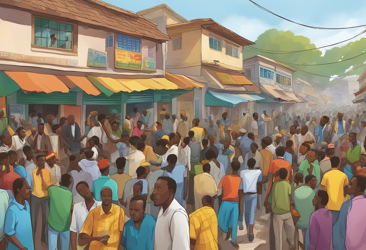 A crowded Ethiopian street with colorful betting shops and enthusiastic customers placing wagers