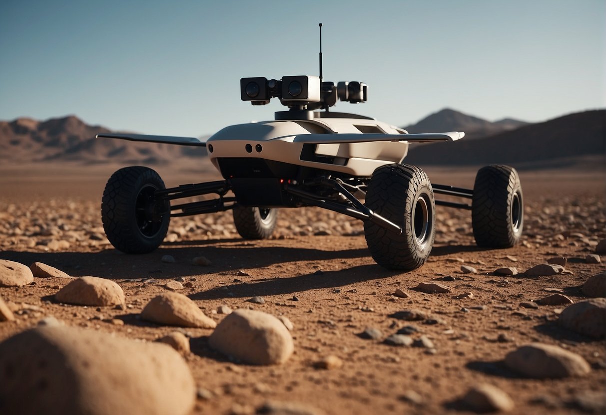 A modern rover equipped with advanced sensors and cameras explores the surface of a distant planet, while a drone hovers above, capturing aerial footage and assisting in mapping the terrain