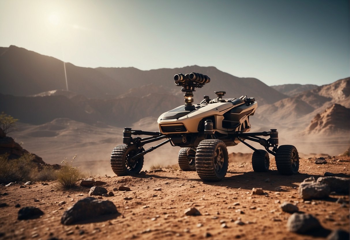 A rover navigates the rugged terrain of an alien planet, while a drone hovers overhead, capturing images and collecting data for future space missions