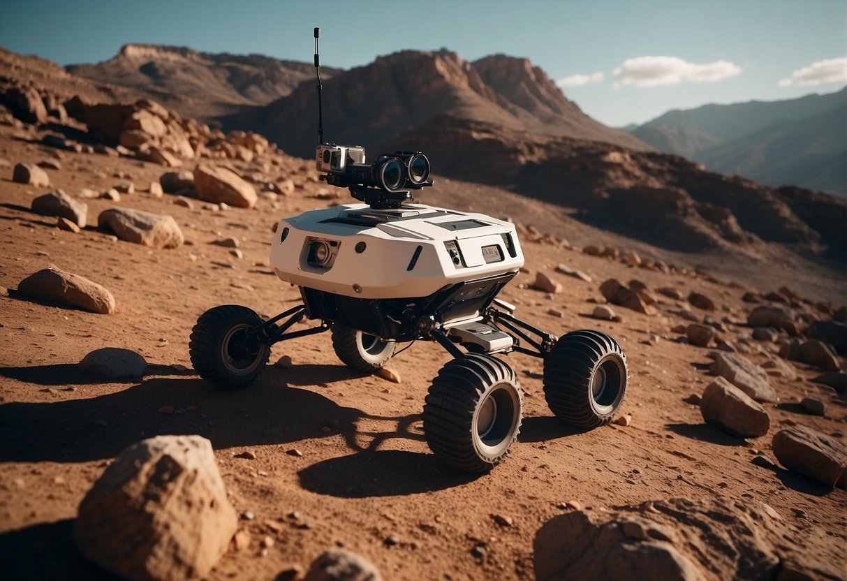A rover explores the rocky terrain of an alien planet, while a drone hovers above, capturing images of the mysterious landscape