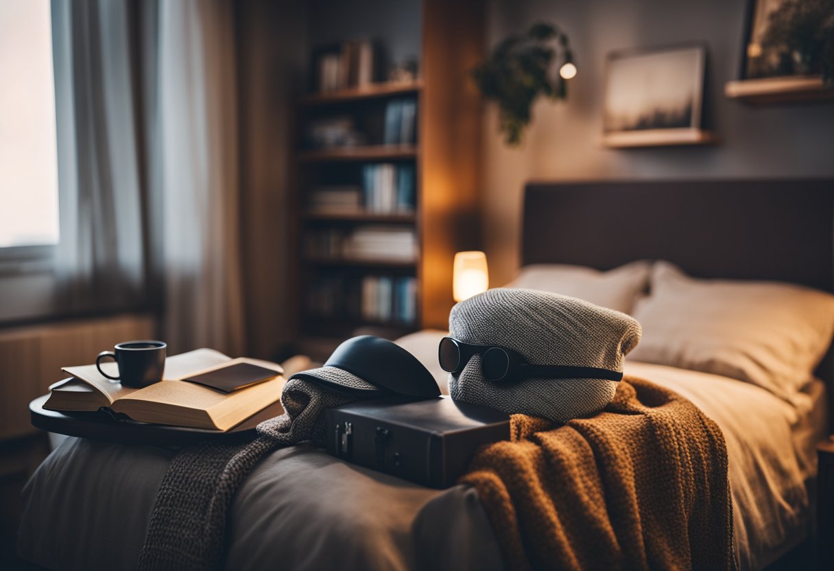 A cozy bedroom with a bookshelf filled with novels, a comfortable reading chair, a warm blanket, and a sleeping mask on the nightstand