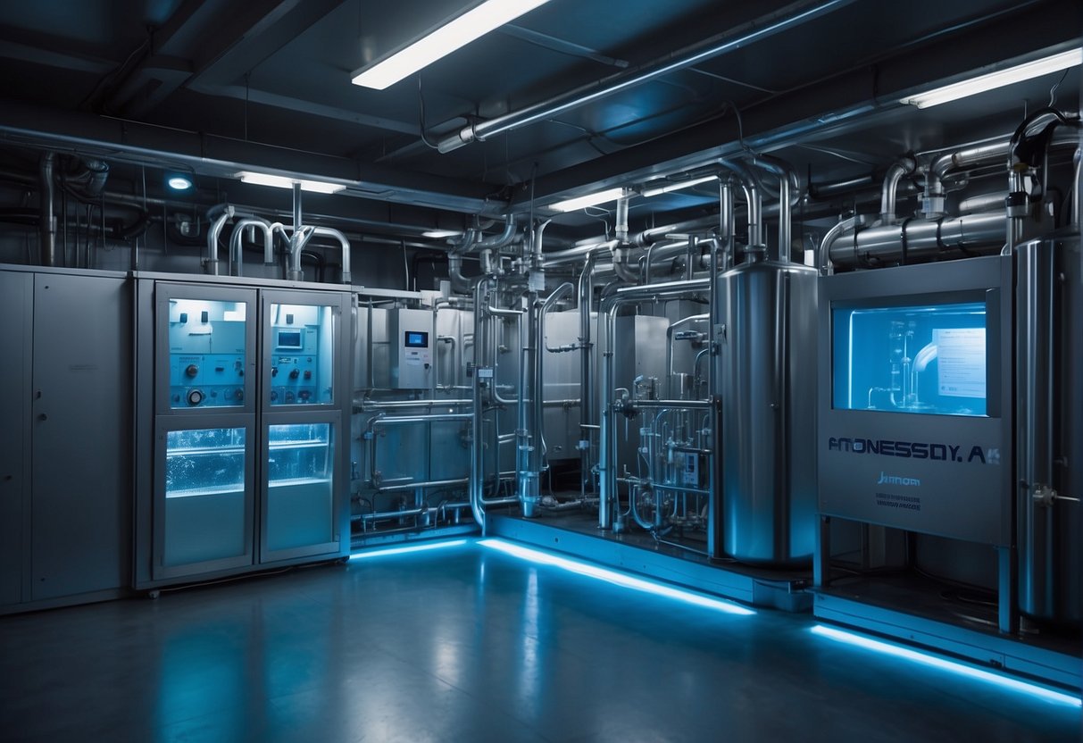 A network of interconnected water recycling systems, including filtration and purification units, operates seamlessly in a space habitat, demonstrating a closed-loop system for sustainable water management