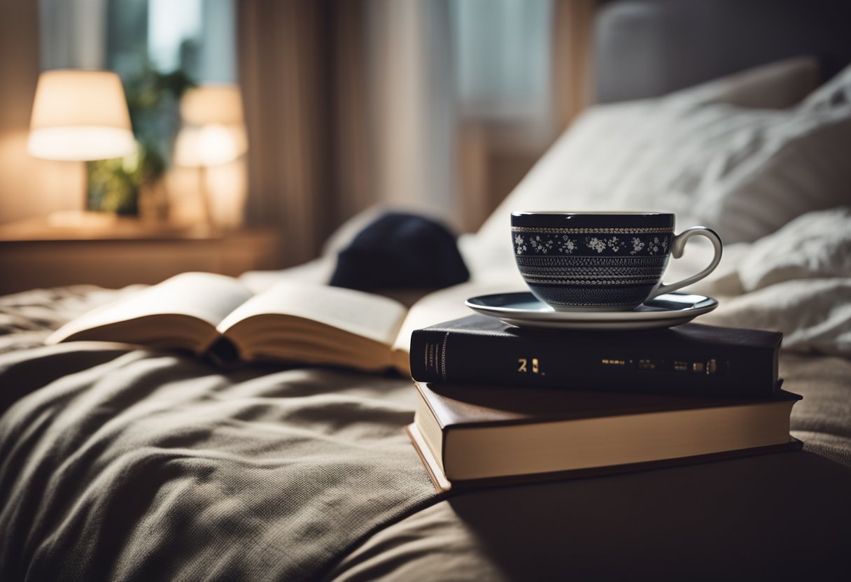 A cozy bed with a stack of books, a warm cup of tea, and a sleeping mask on a nightstand