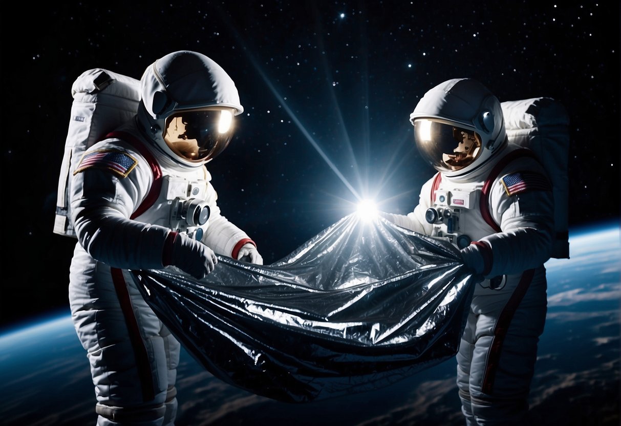 Astronauts unfold space blankets, reflecting light in a dark, weightless void. Emergency kits open, revealing the metallic, insulating material