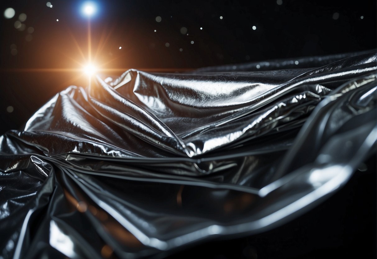 A space blanket unfolds, reflecting light and heat. It's used in emergency kits and by astronauts, symbolizing survival and innovation