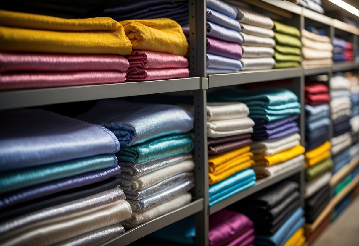 A stack of space blankets in various colors and materials, from shiny metallic to lightweight fabric, displayed on a shelf with labels indicating their uses