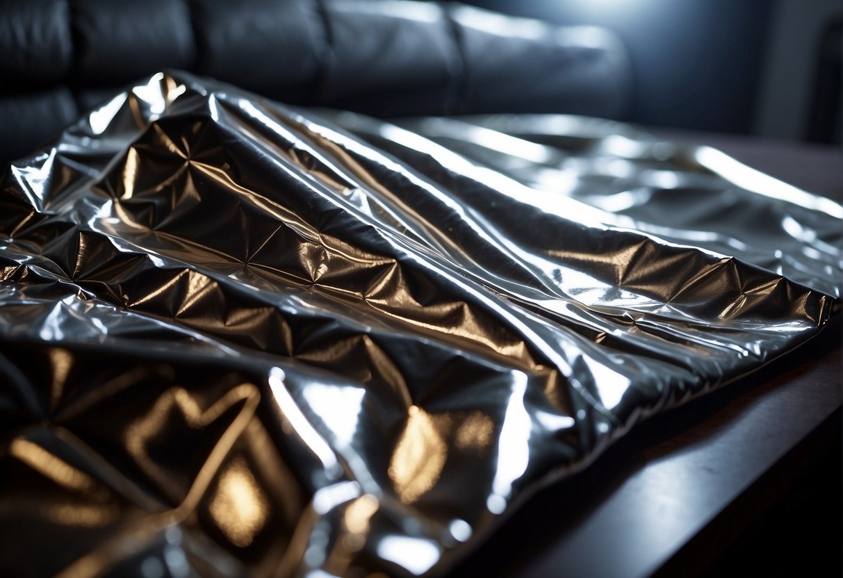 A space blanket reflects and retains body heat in emergencies. It is used in astronaut suits and emergency kits. The shiny, metallic material reflects light and heat
