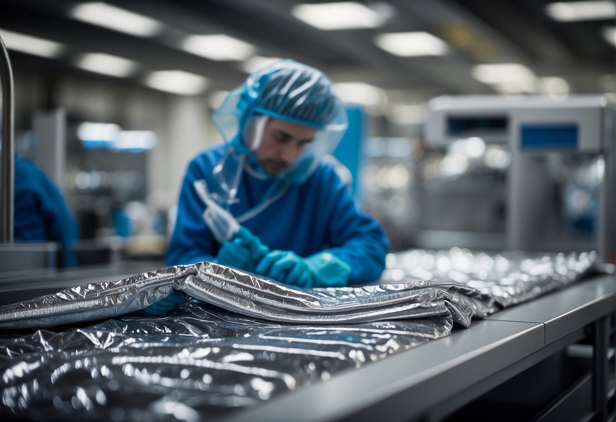 Machinery hums as space blankets are cut, sealed, and packaged for emergency kits and space missions