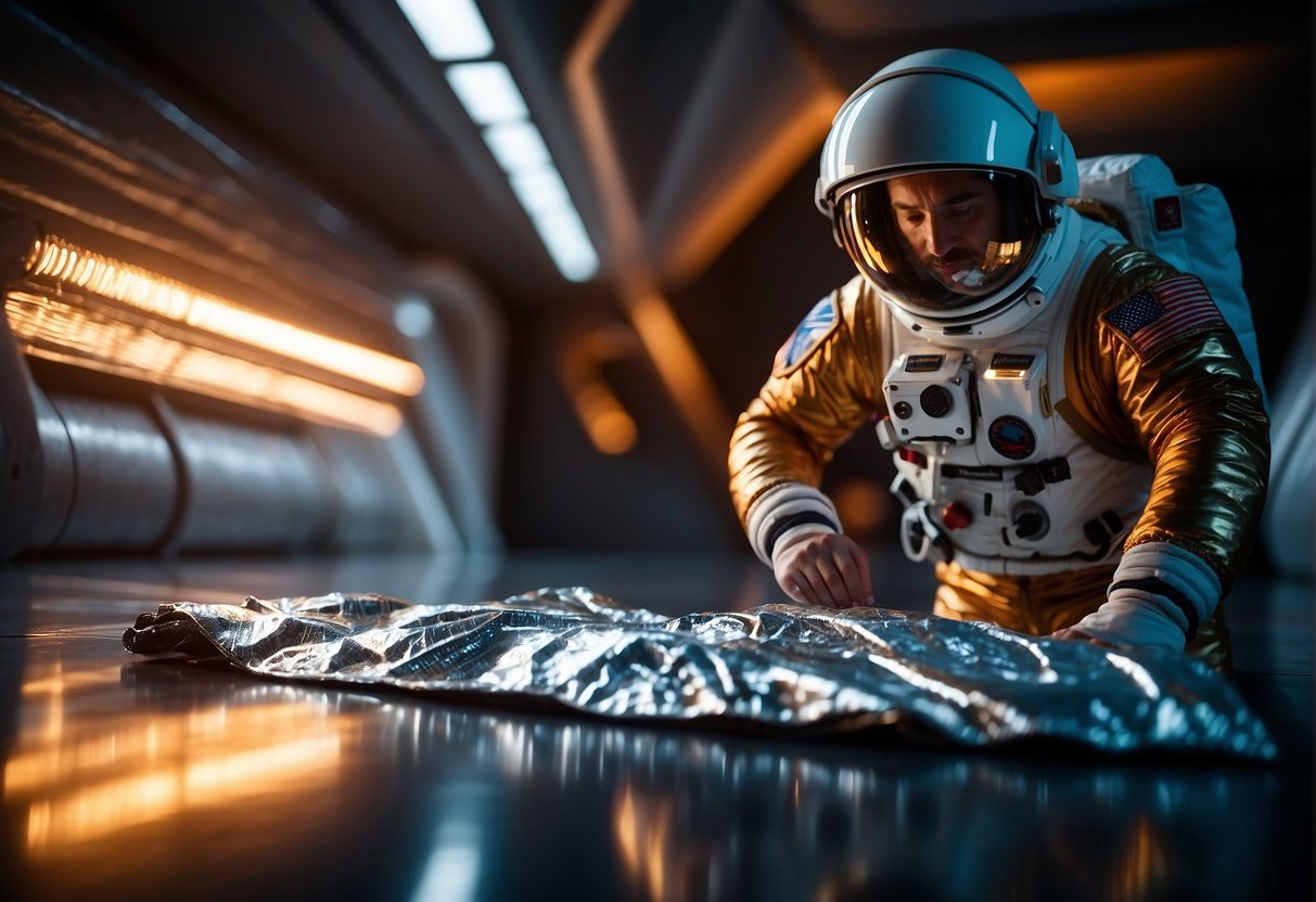 A space blanket is unfolded, reflecting light and heat. Emergency kit items surround it, while an astronaut holds one in the background