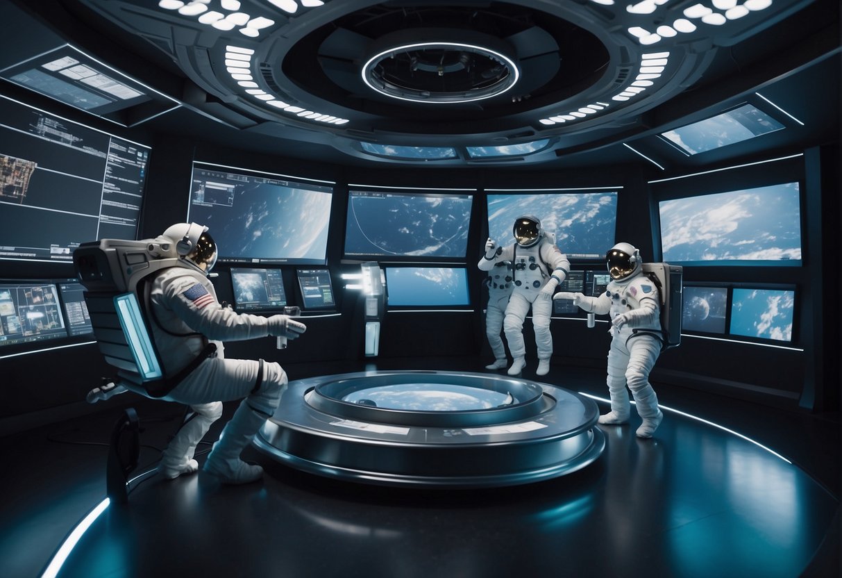 Astronauts in haptic suits simulate zero-gravity maneuvers in a virtual environment, surrounded by high-tech equipment and monitors