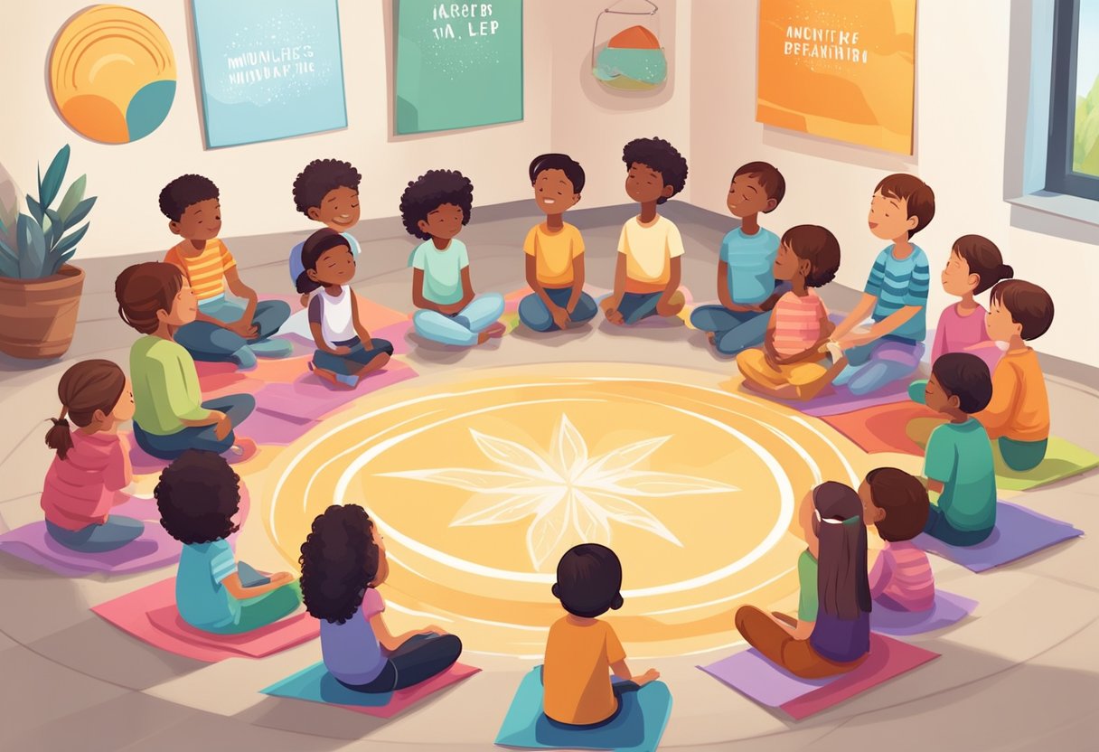 Children sitting in a circle, eyes closed, practicing deep breathing. A colorful poster with mindfulness quotes hangs on the wall