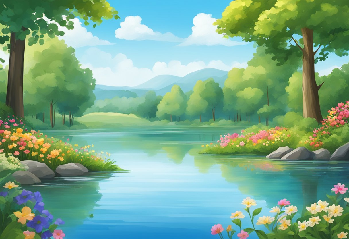 A serene nature scene with a calm lake, surrounded by lush green trees and colorful flowers, with a clear blue sky overhead