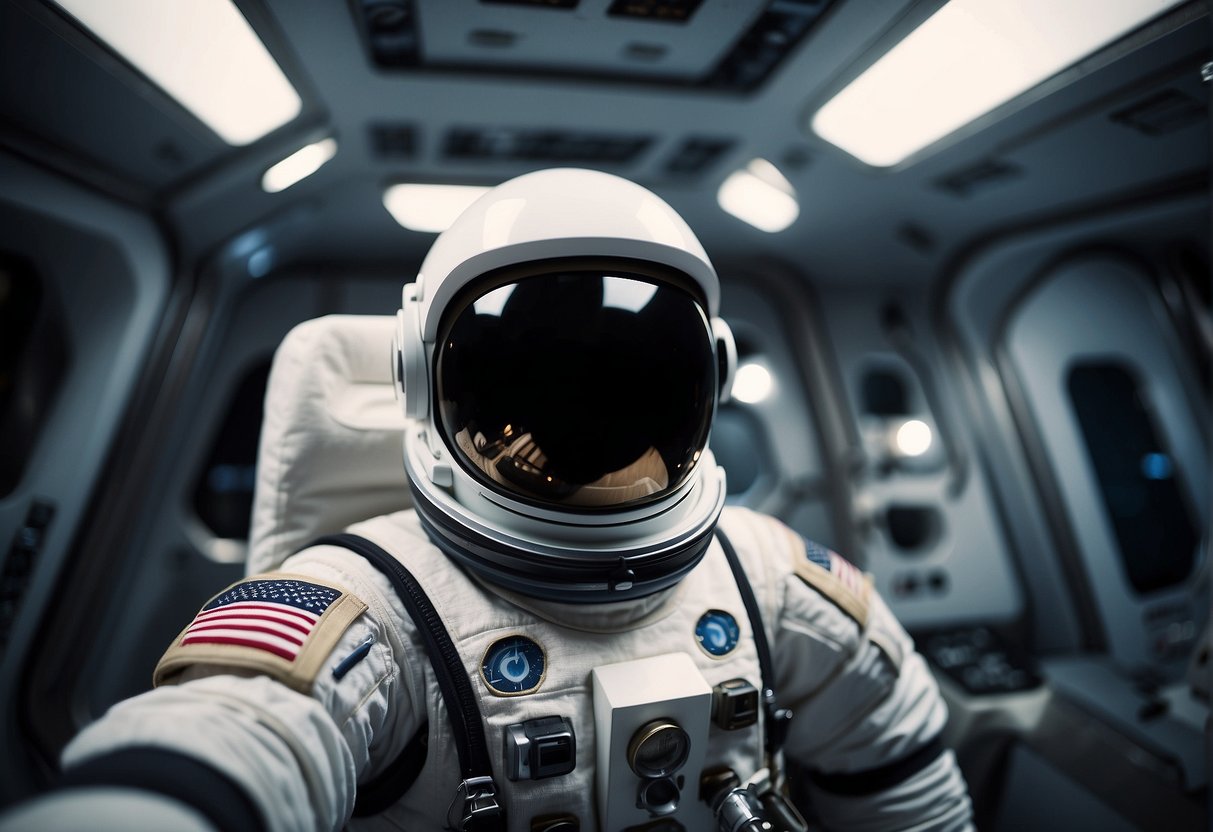 Astronaut in haptic suit simulates zero-gravity movement in virtual reality space environment
