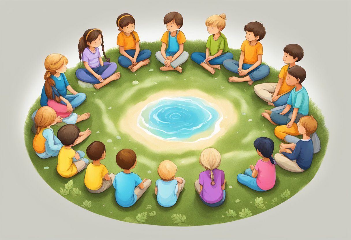 Children sitting in a circle, eyes closed, imagining peaceful scenes like a calm beach or a serene forest. Quotes about mindfulness and visualization surround them