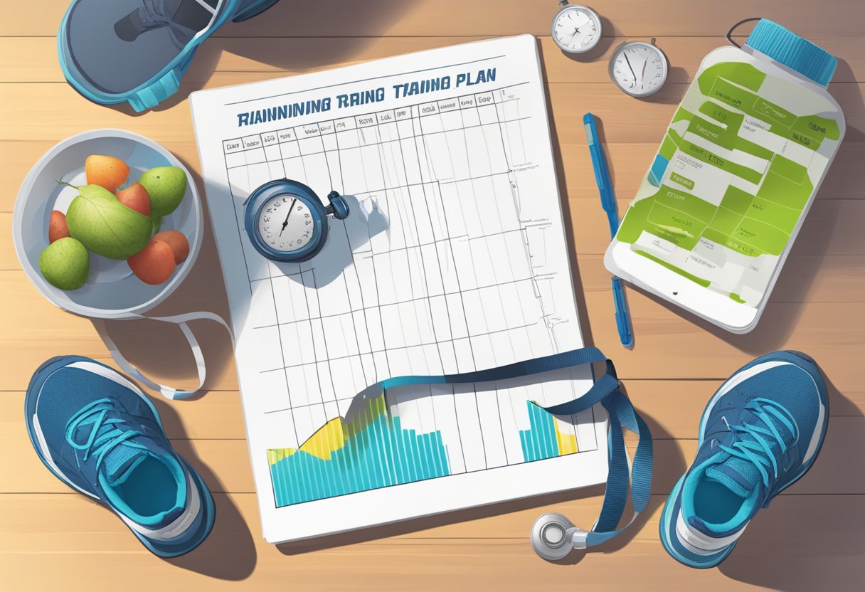 A runner's training plan laid out on a table, with a stopwatch, running shoes, and a water bottle nearby