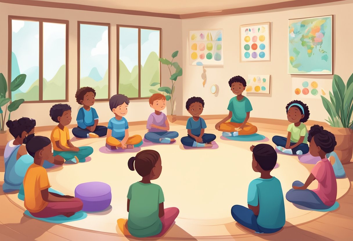 Children sitting in a circle, eyes closed, practicing deep breathing. A poster on the wall displays mindfulness quotes for kids