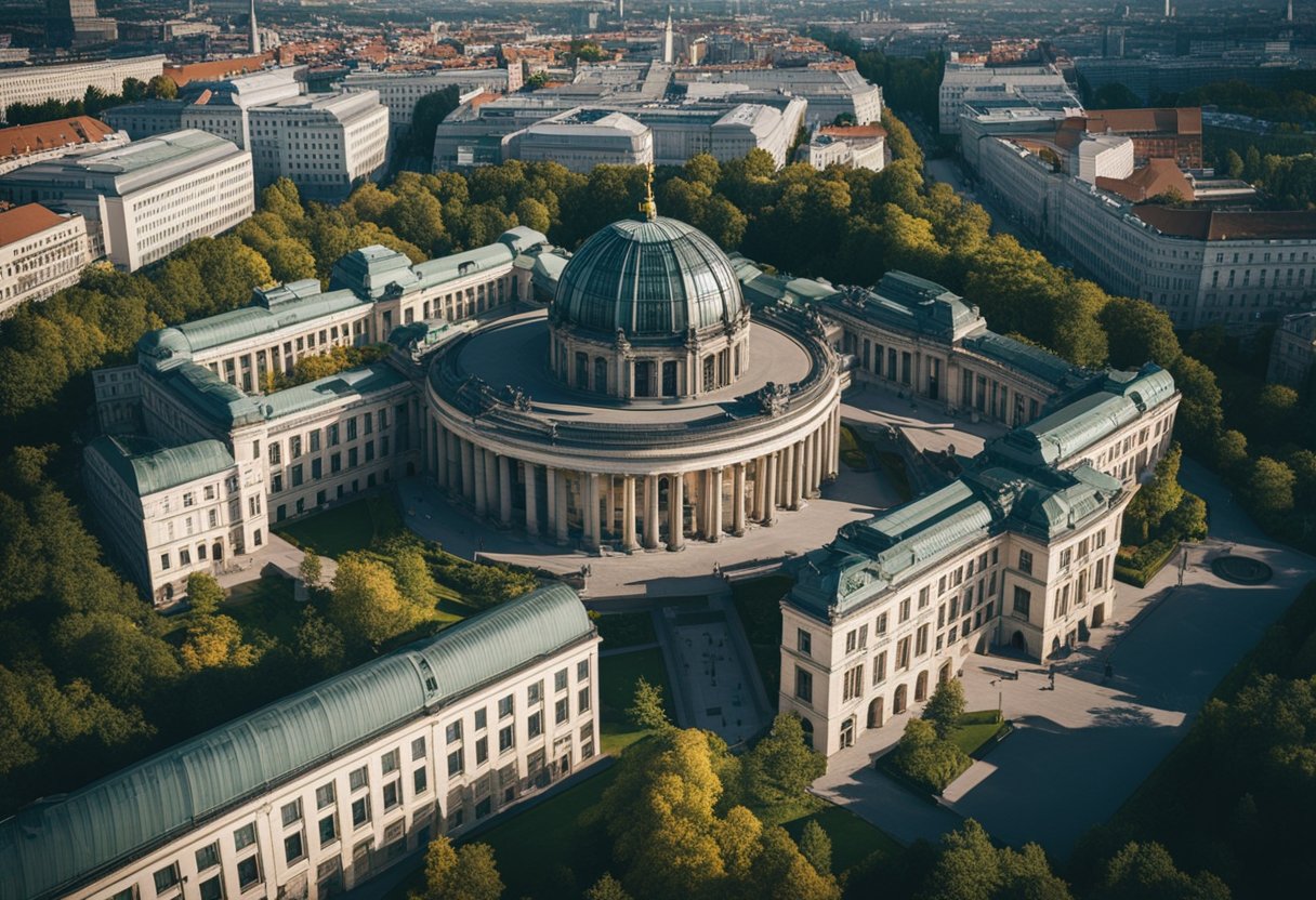 Ein Luftbild der Berliner Kunstmuseen, das ihre einzigartige Architektur und die sie umgebenden Grünanlagen zeigt