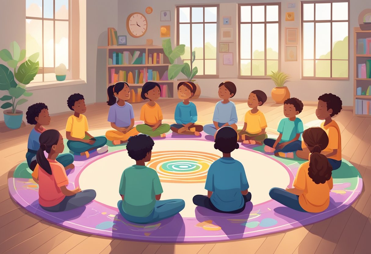 Children sit in a circle, eyes closed, practicing deep breathing. A colorful poster with mindfulness quotes hangs on the wall