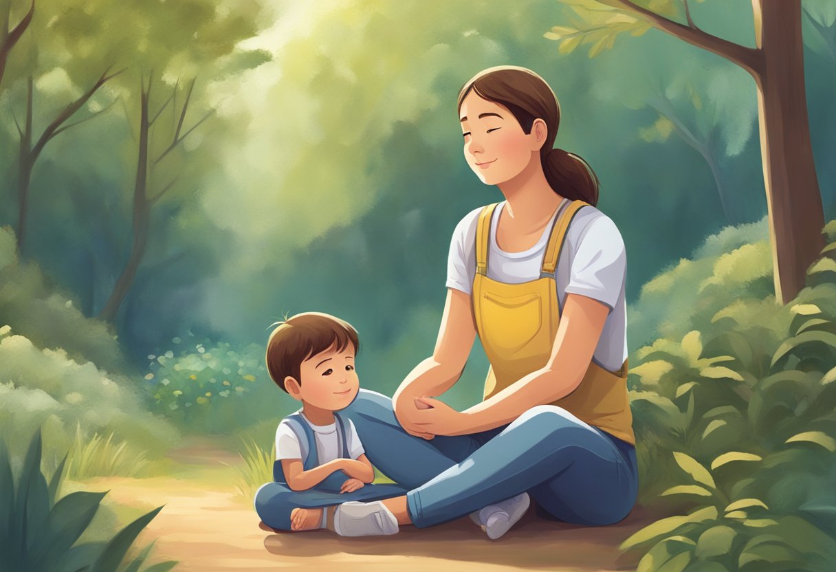 A child sitting cross-legged, surrounded by nature, with a peaceful expression, while a parent gently places a hand on their shoulder