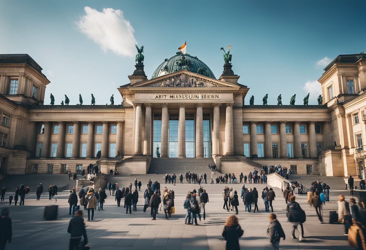 Der große Eingang des Kunstmuseums in Berlin, Deutschland, mit kunstvoller Architektur und einer geschäftigen Besuchermenge