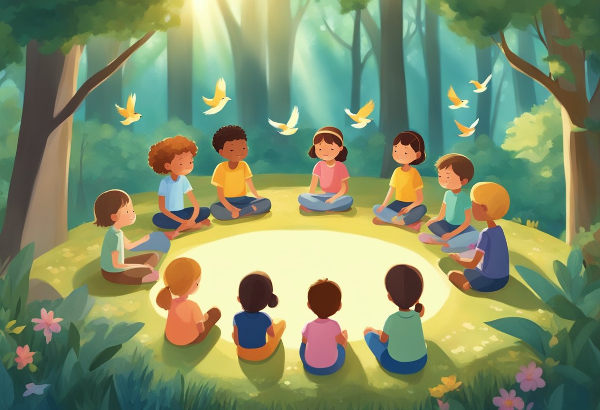 Children sitting in a circle, eyes closed, surrounded by nature. Soft sunlight filtering through trees, birds singing, and a gentle breeze