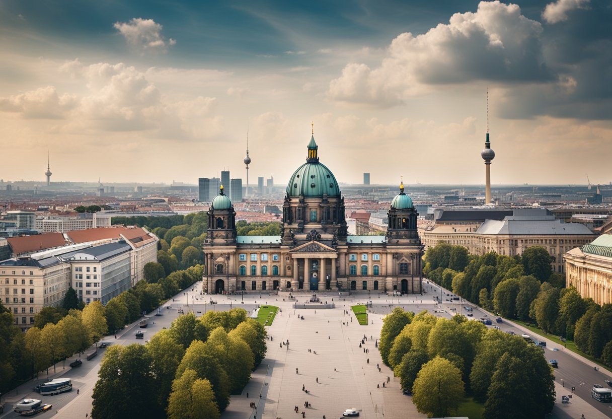 Ein Panoramablick auf die Berliner Museumslandschaft, der ikonische Gebäude und verschiedene architektonische Stile zeigt