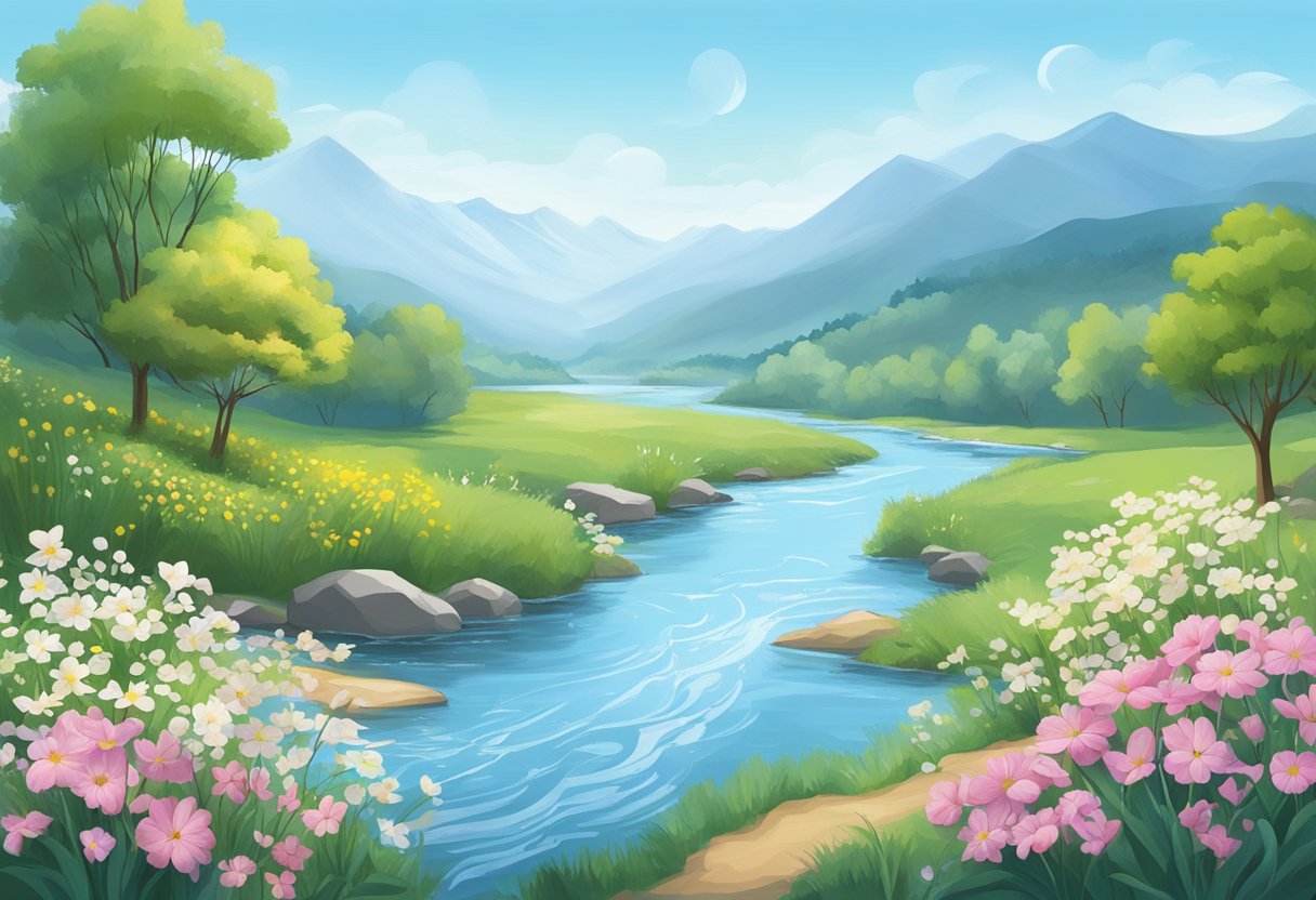 A serene landscape with a flowing river, blooming flowers, and a clear sky, with quotes floating in the air
