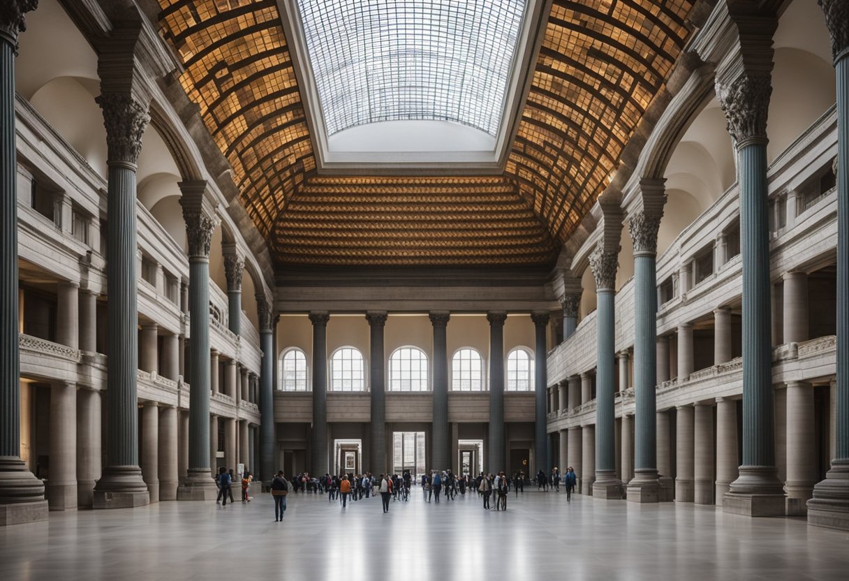 Die großen Säle des Pergamonmuseums in Berlin, Deutschland, zeigen antike Artefakte und monumentale Architektur aus der antiken Welt