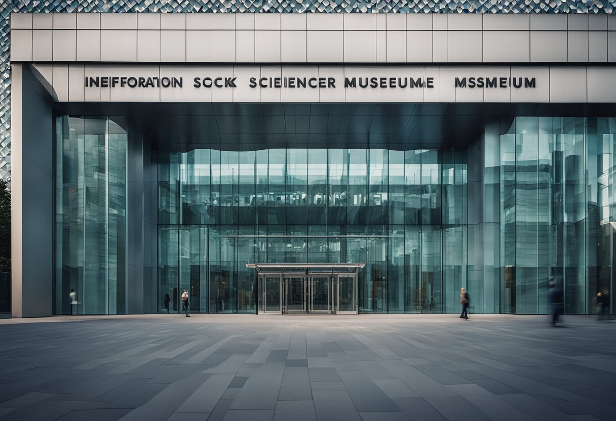 The entrance of the Information Science Museum in Berlin, Germany, with a modern glass facade and a large sign welcoming visitors