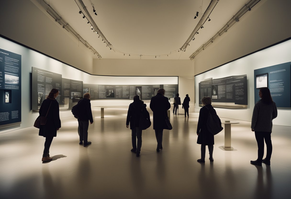 Visitors walk through the somber exhibit, reading informational plaques and viewing artifacts, surrounded by powerful imagery and haunting historical context