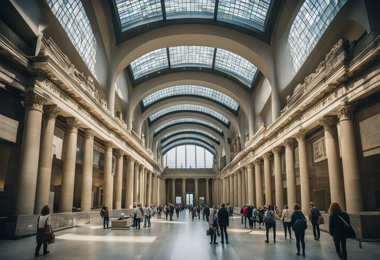 Besucher erkunden die große Halle des Pergamonmuseums in Berlin, Deutschland, betrachten antike Artefakte und lesen informative Tafeln