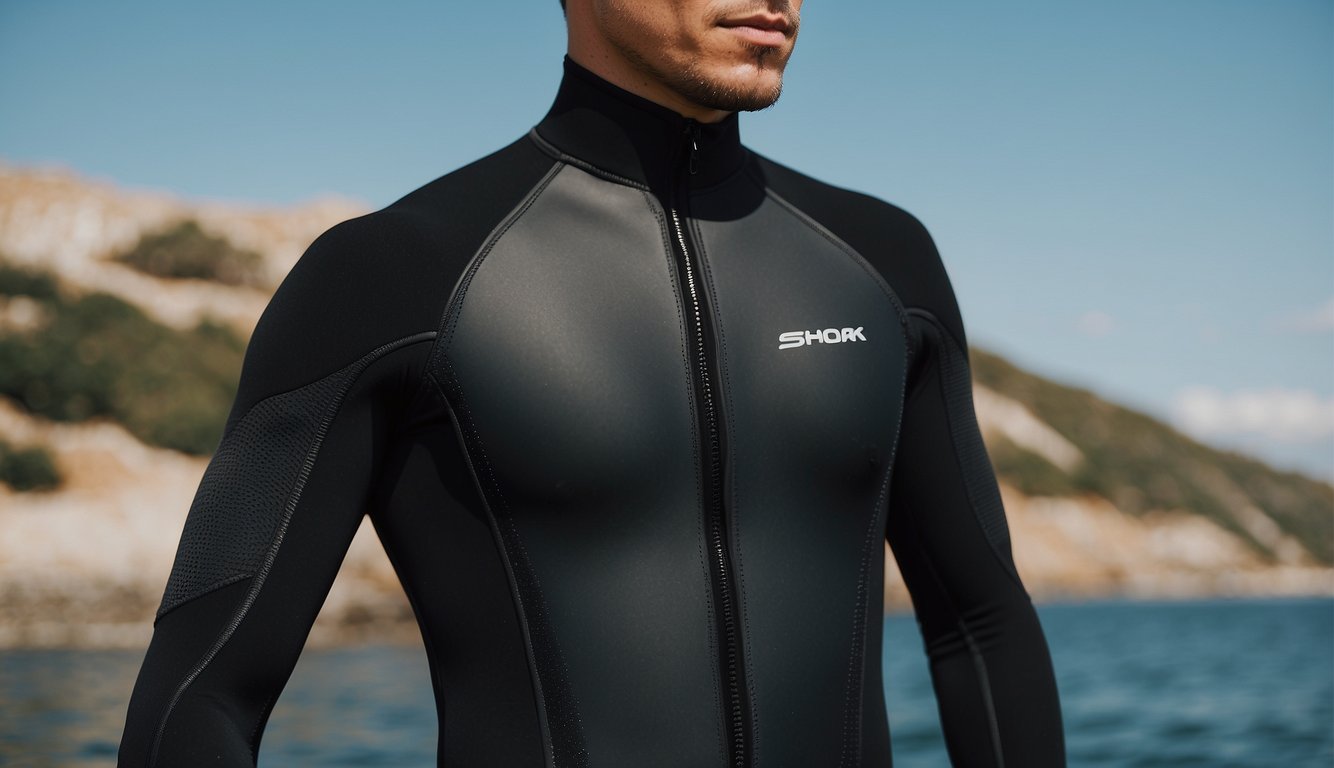 A sleek, black wetsuit with contoured panels and reinforced seams, featuring a high neckline and zippered closure