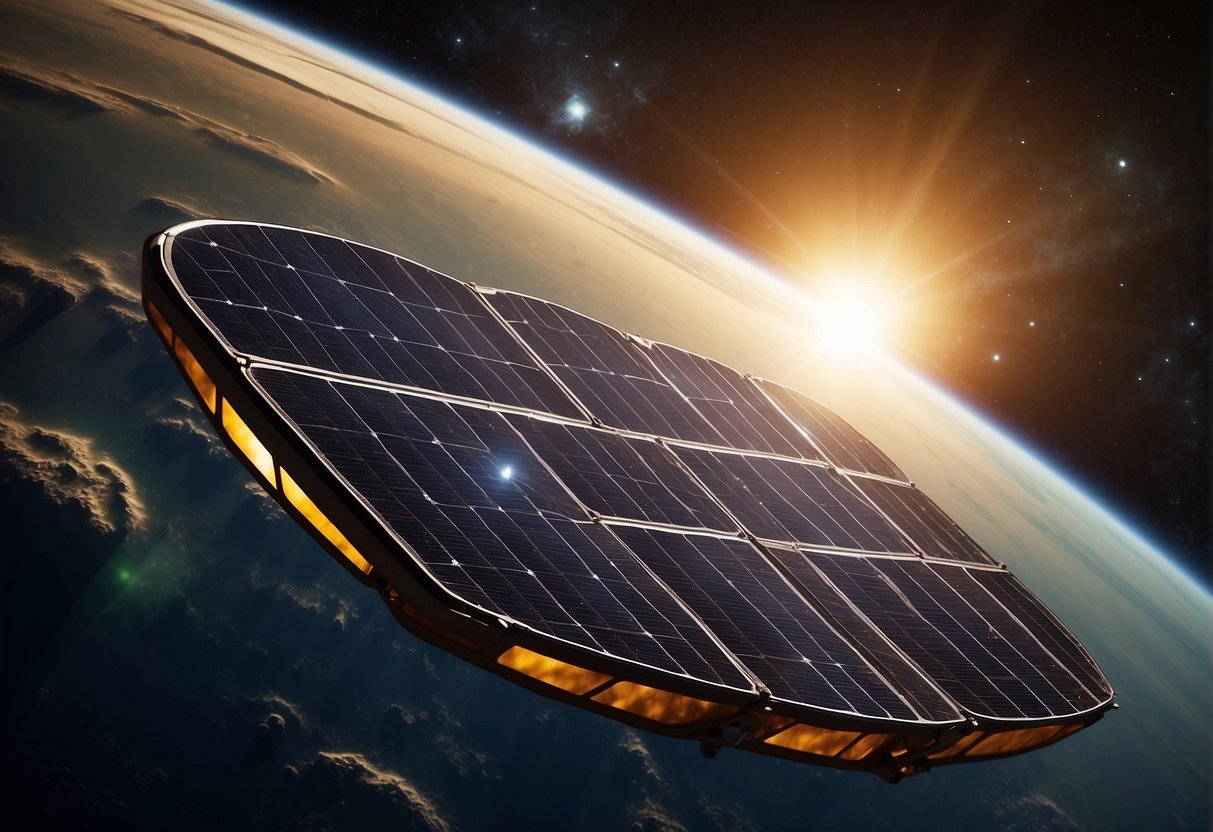 A gleaming solar panel floats in space, transmitting energy back to Earth. Advanced technology enables the seamless transition of power from space to the planet's surface