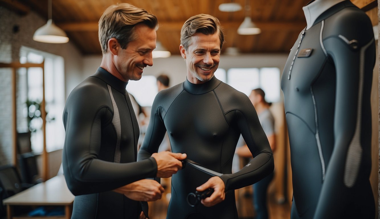 A wetsuit being measured and checked for fit and sizing