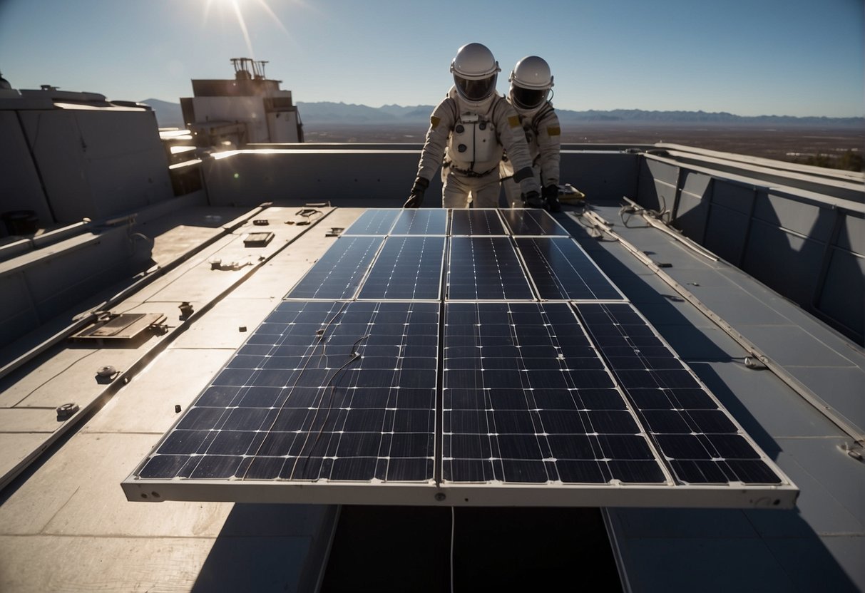 A solar panel is being launched into space, then transferred to Earth. The panel is being installed on a rooftop, capturing sunlight and converting it into energy