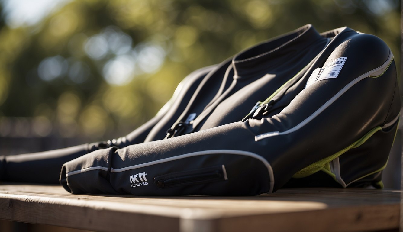 A wetsuit is being rinsed with fresh water and hung to dry in the sun. It is being stored in a cool, dry place away from direct sunlight