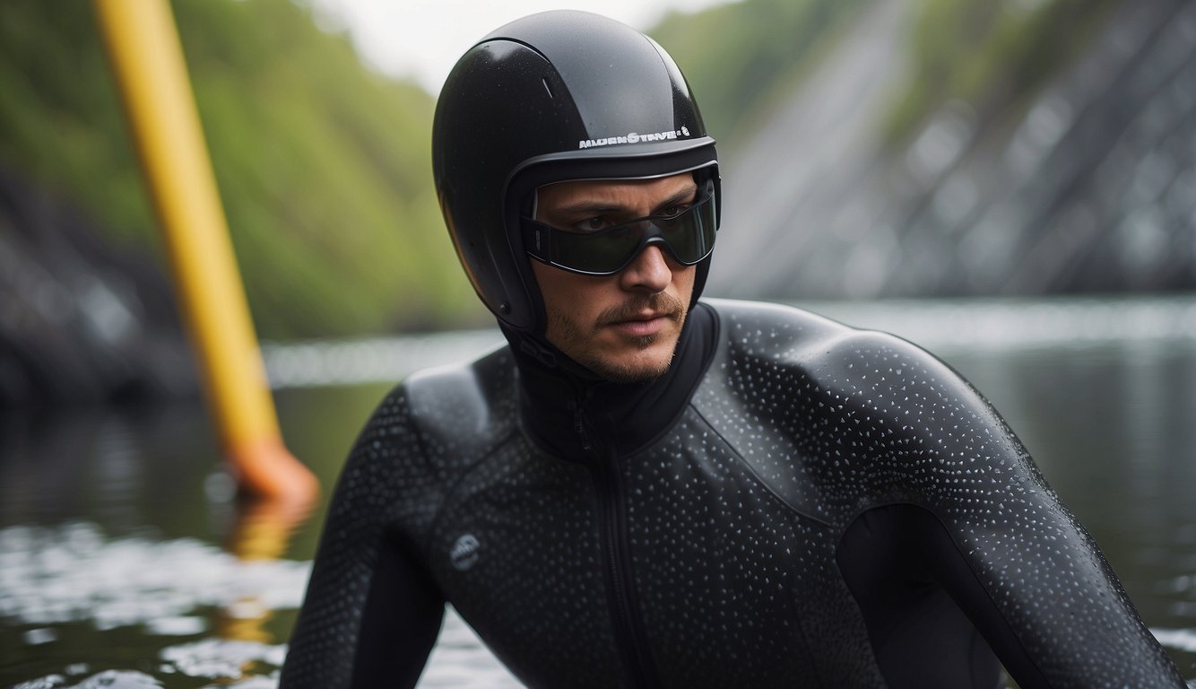 A wetsuit lies open, revealing intricate patterns of innovative material and design. Water droplets glisten on the surface, hinting at its high-performance capabilities