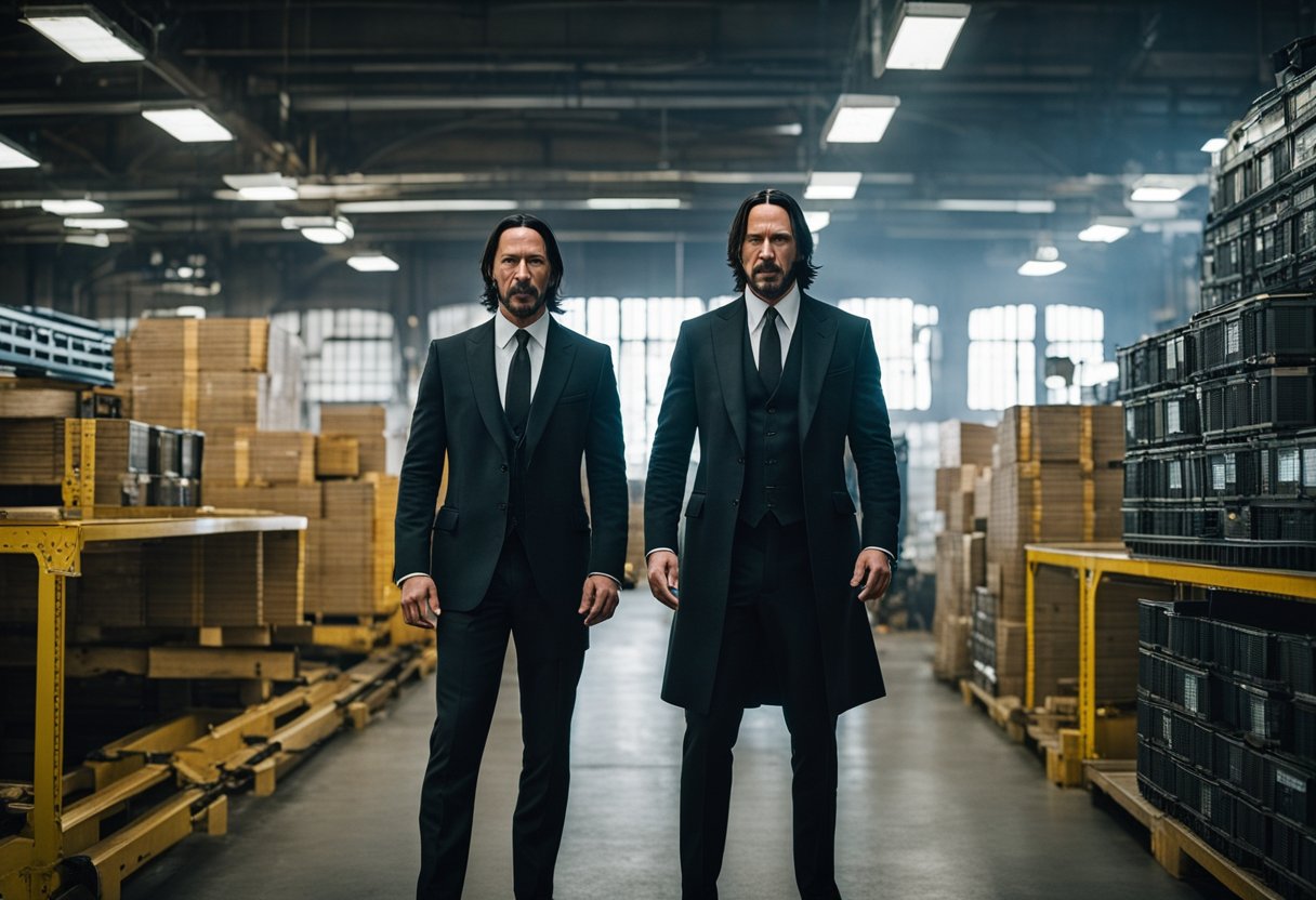 Keanu Reeves films 'John Wick 4' in Berlin, Germany. Cameras capture action sequences in an industrial setting with dramatic lighting