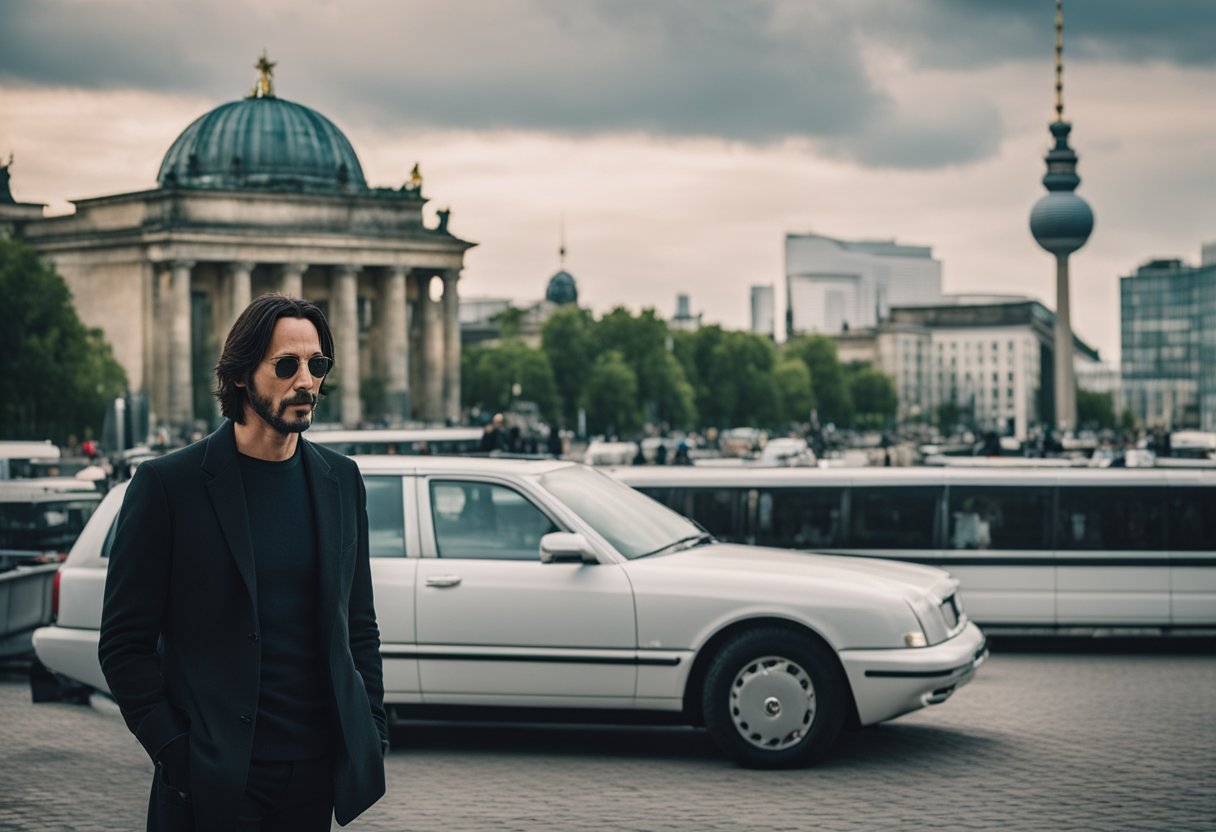 Keanu Reeves dreht in Berlin, Deutschland. Stadtbild mit ikonischen Wahrzeichen im Hintergrund