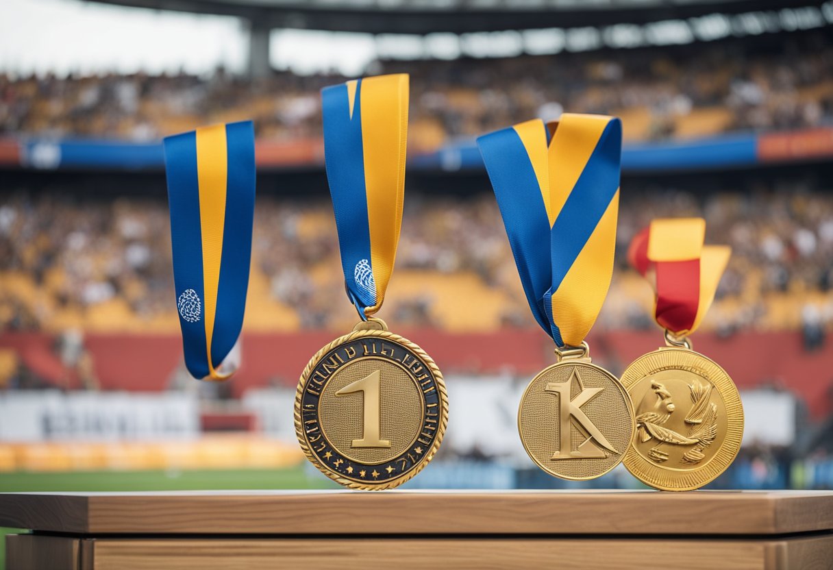 Ein Podium mit vier Goldmedaillen, umgeben von einer jubelnden Menschenmenge in einem Stadion in Berlin, Deutschland