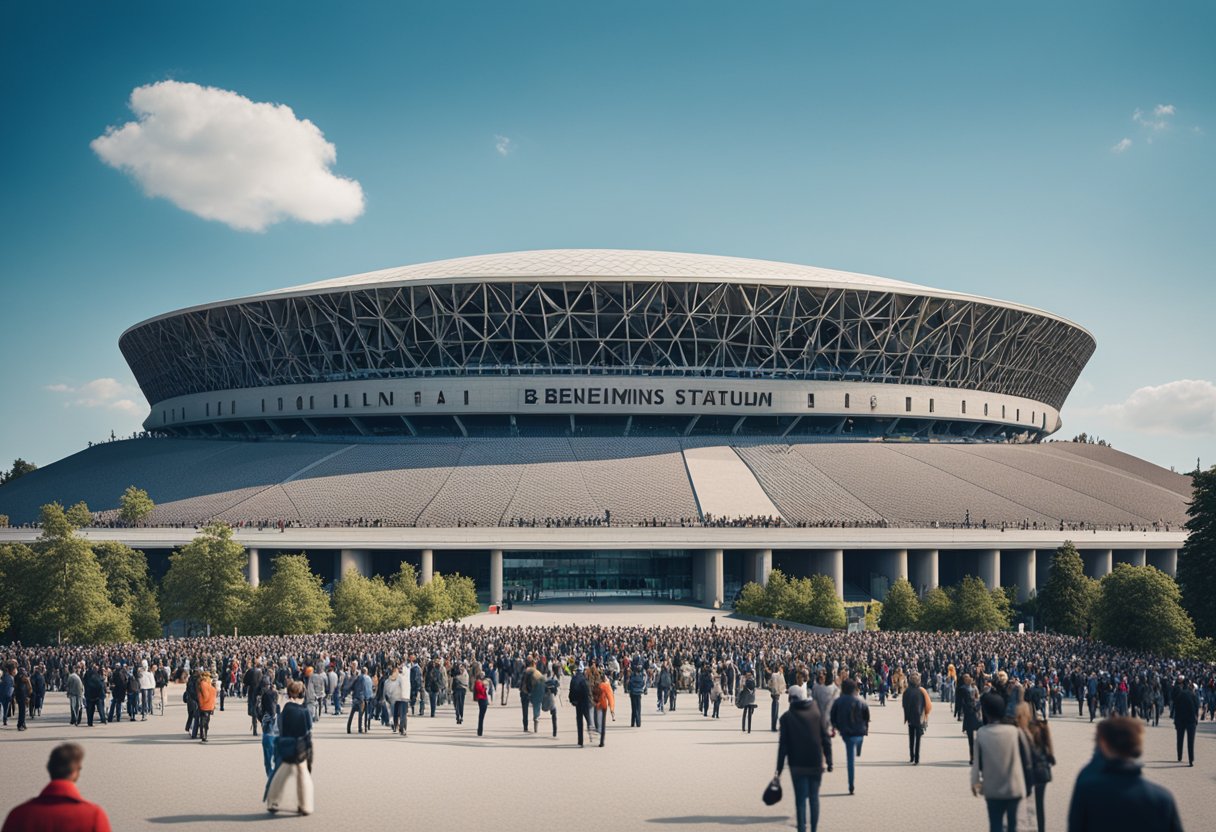 Das Berliner Olympiastadion erhebt sich gegen den blauen Himmel und am Eingang versammelt sich eine Menschenmenge, die die Geschichte des Stadions erkunden möchte.