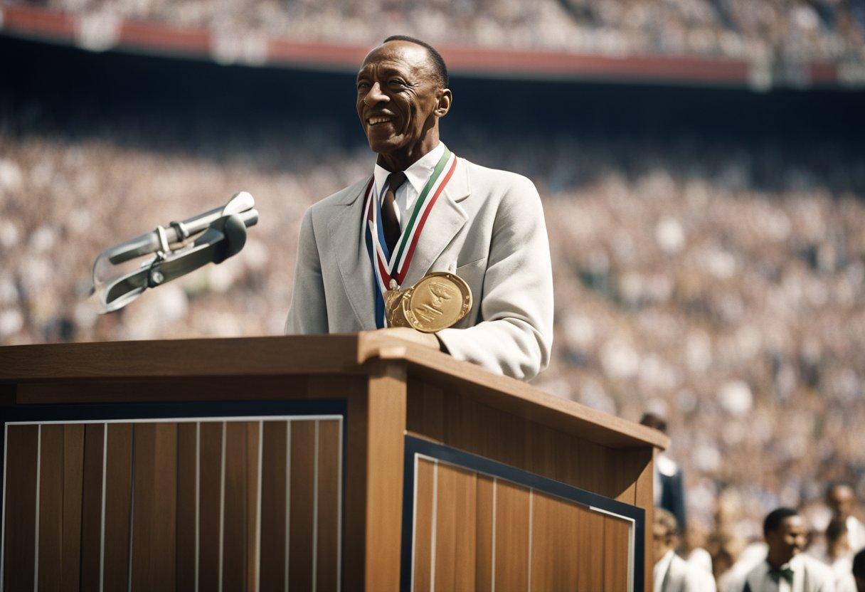 Jesse Owens stands on the podium, adorned with 4 gold medals, as the crowd cheers in the Berlin Olympic stadium
