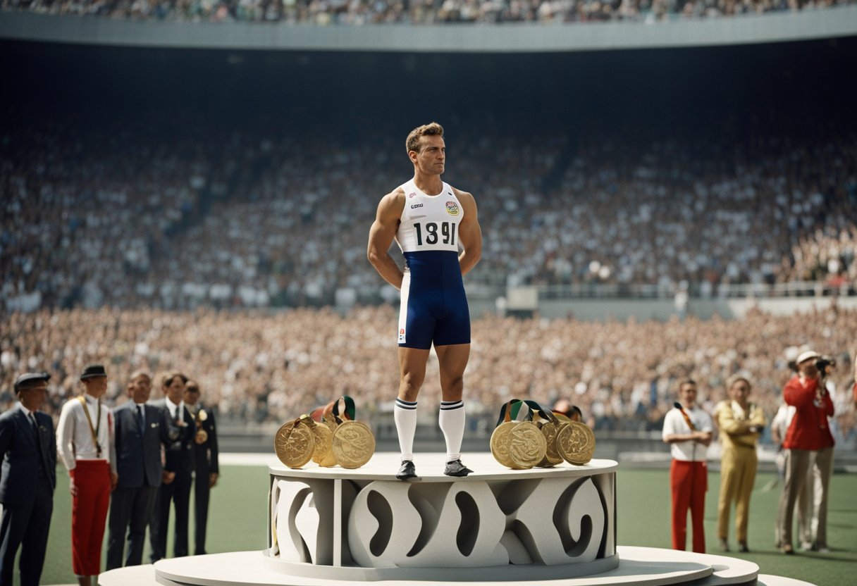 Ein Sportler steht auf einem Podium mit vier Goldmedaillen vor einer Menschenmenge bei den Olympischen Spielen 1936 in Berlin, Deutschland. Die Szene ist von kulturellen und medialen Einflüssen geprägt